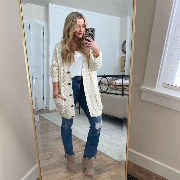 FREE PEOPLE MONTANA CABLEKNIT CARDI SWEATER IN TEA NEW SMALL PETITE - Picture 8 of 11